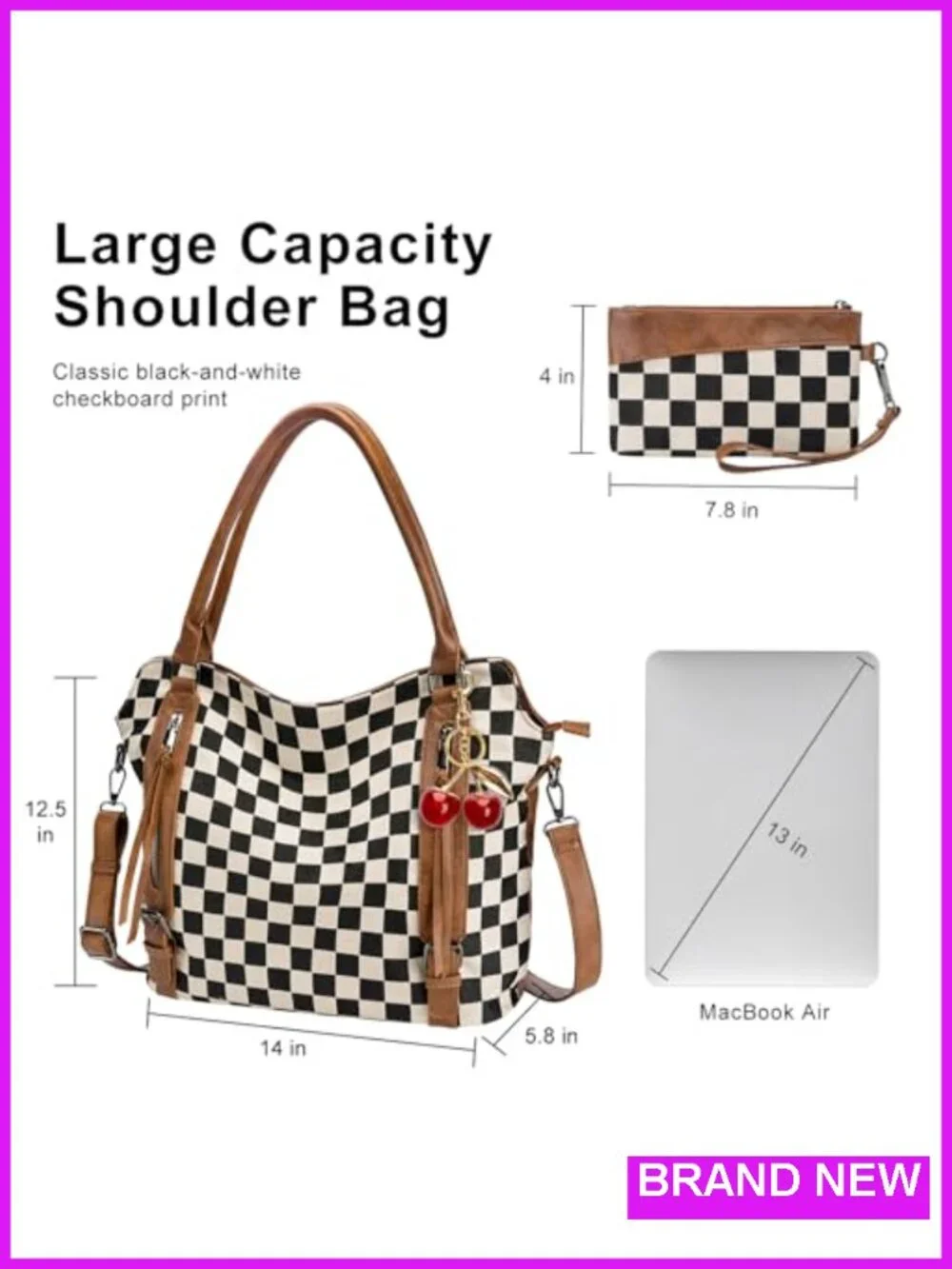 Vintage Checkered Crossbody Bag with Wallet and Cherry Charm